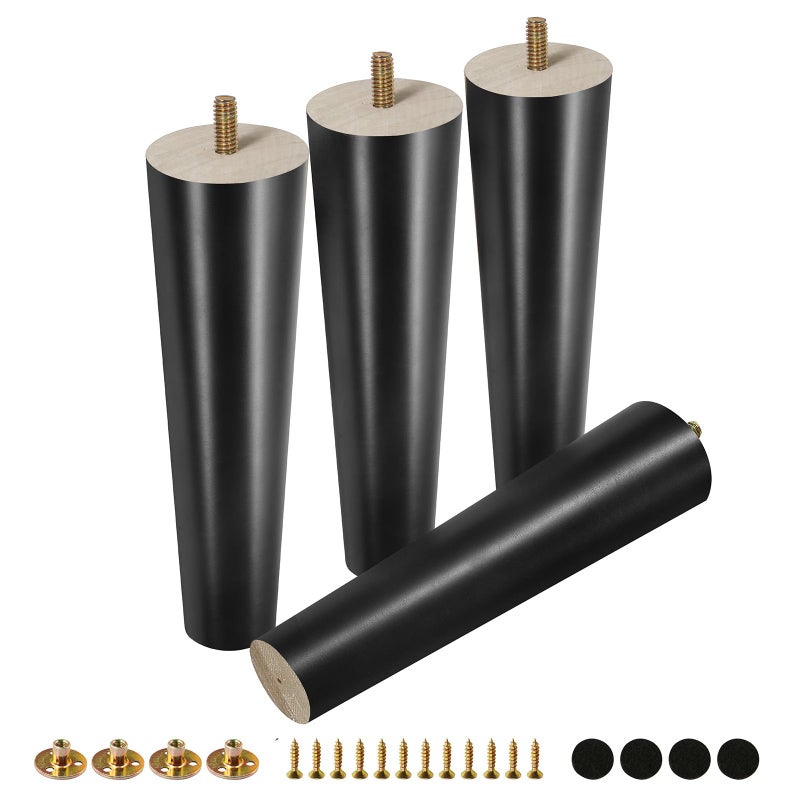 FoDau770 Black Rubber Wood Furniture Legs - 8 Inch Straight Tapered Mid Century Sofa Legs Set of 4, 5/16"" UNC Replacement Feet for Cabinet, Sofa, Couch, Dresser, Chair, Ottoman - Image 1